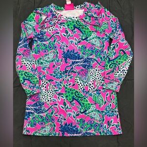 Lilly Pulitzer Women's Blouse Top Ruffle Neck Accent Pima Blue Pink Size Small